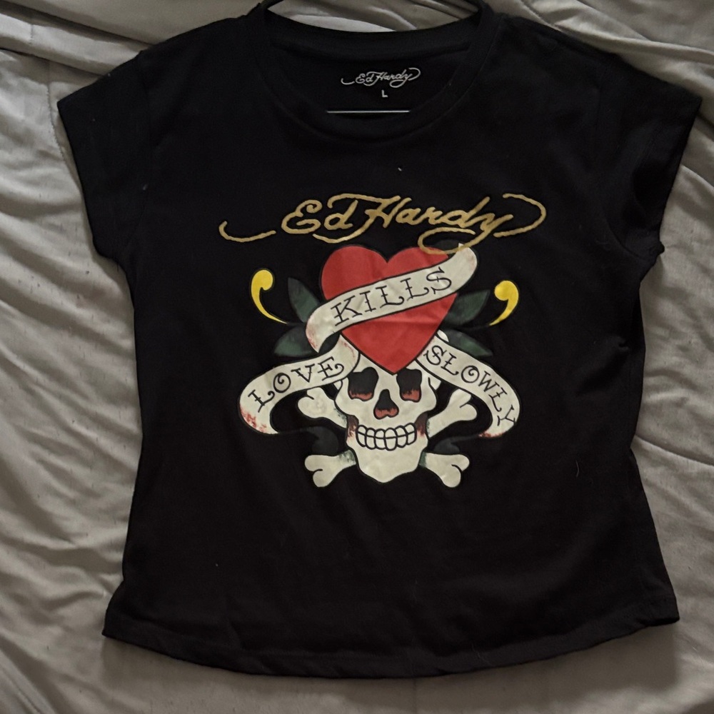 Ed Hardy Black Tee with Red Heart & Gold Logo